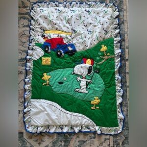 Vintage Peanuts Collection baby quilt with Snoopy and Woodstock playing golf
